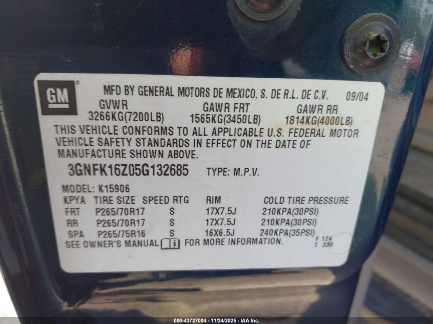 2005 Chevrolet Suburban 1500 Z71 VIN: 3GNFK16Z05G132685 Lot: 43727004