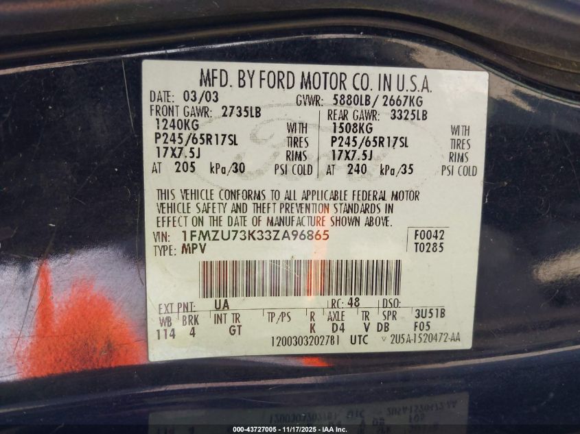 2003 Ford Explorer Nbx/Xlt VIN: 1FMZU73K33ZA96865 Lot: 43727005