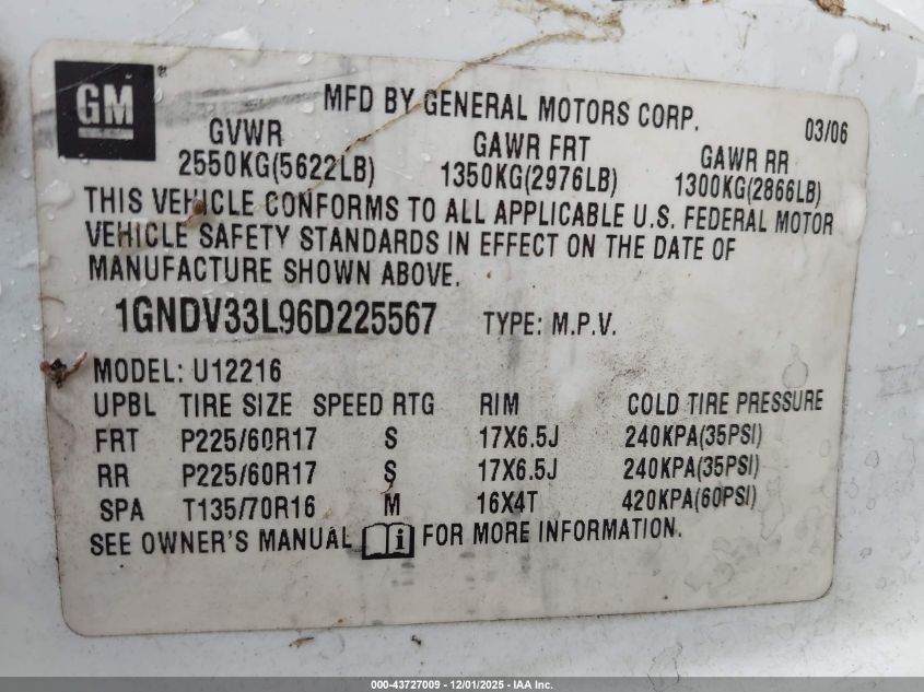 2006 Chevrolet Uplander Lt VIN: 1GNDV33L96D225567 Lot: 43727009