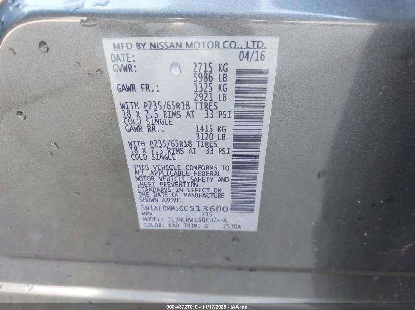 2016 Infiniti Qx60 VIN: 5N1AL0MM5GC513600 Lot: 43727010