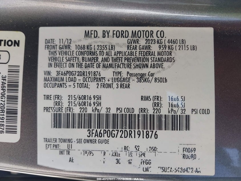 3FA6P0G72DR191876 2013 FORD FUSION photo no. 9