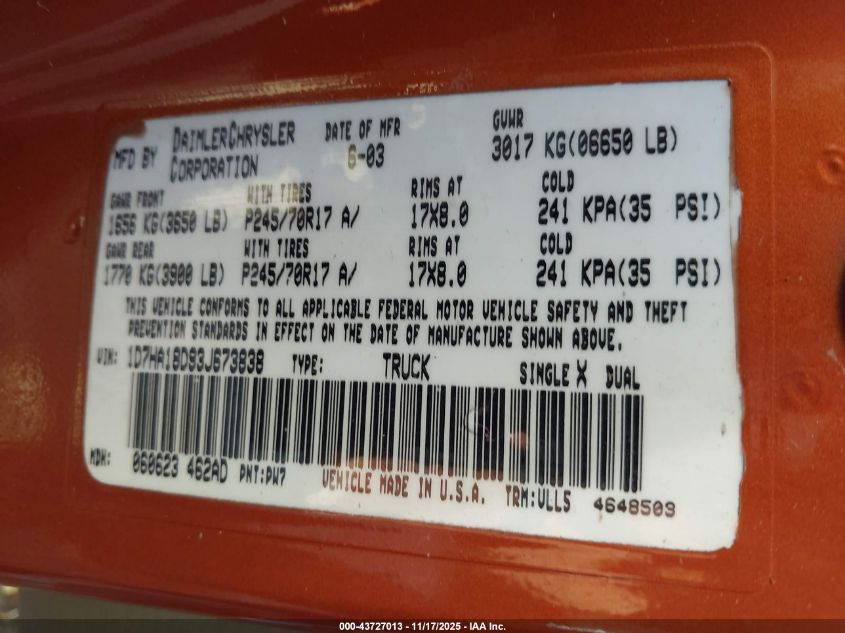 2003 Dodge Ram 1500 Slt/Laramie/St VIN: 1D7HA18D93J673838 Lot: 43727013