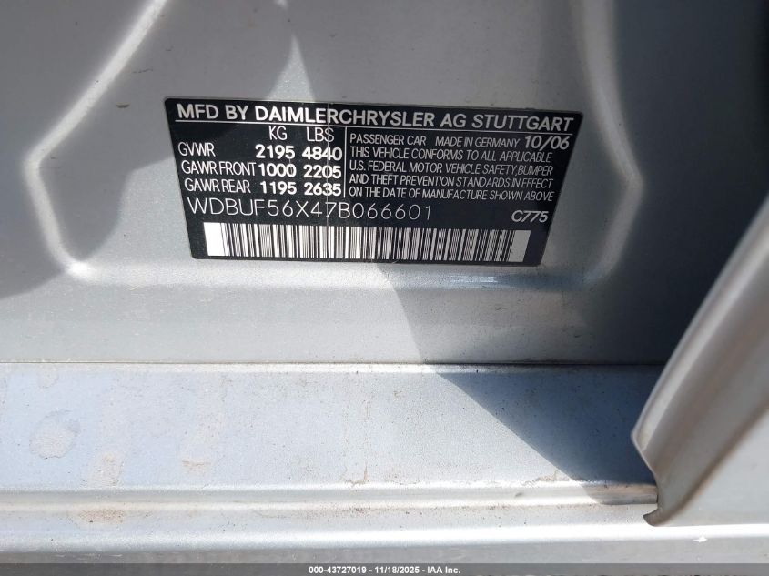 2007 Mercedes-Benz E 350 VIN: WDBUF56X47B066601 Lot: 43727019