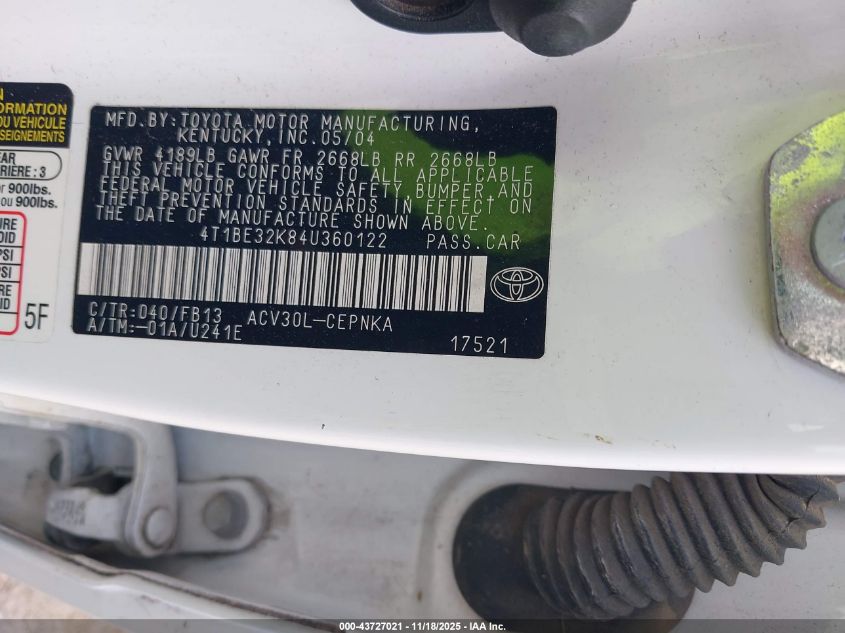 2004 Toyota Camry Le VIN: 4T1BE32K84U360122 Lot: 43727021