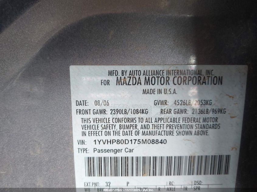 2007 Mazda Mazda6 S Sport Ve VIN: 1YVHP80D175M08840 Lot: 43727022