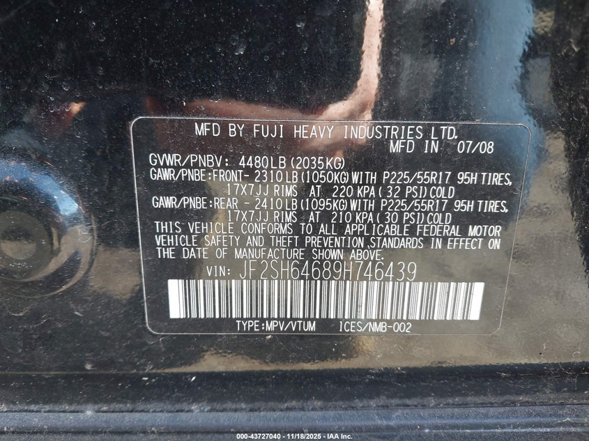 2009 Subaru Forester 2.5X Limited VIN: JF2SH64689H746439 Lot: 43727040