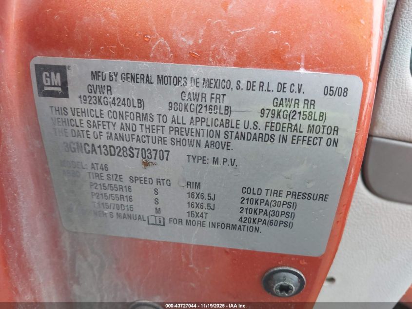 2008 Chevrolet Hhr Ls VIN: 3GNCA13D28S703707 Lot: 43727044