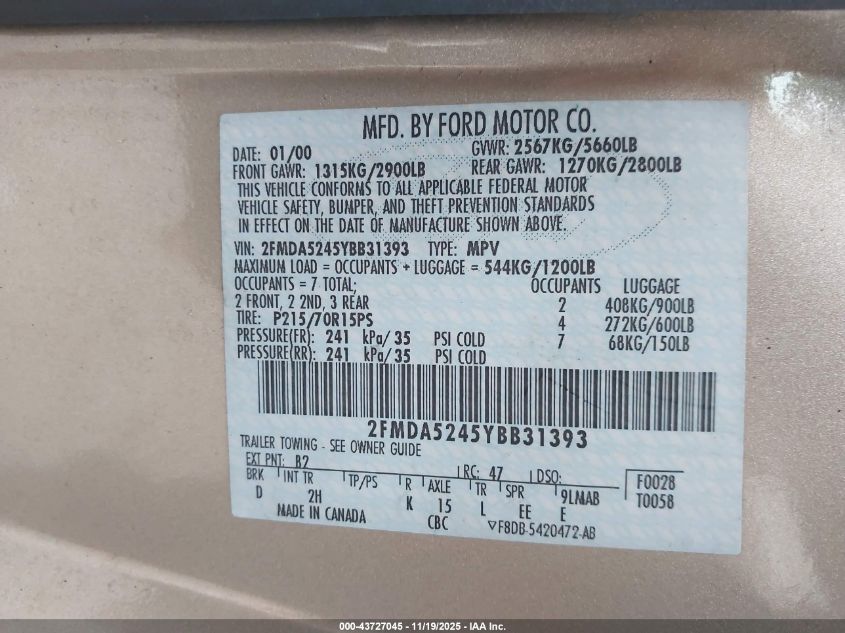 2000 Ford Windstar Se VIN: 2FMDA5245YBB31393 Lot: 43727045