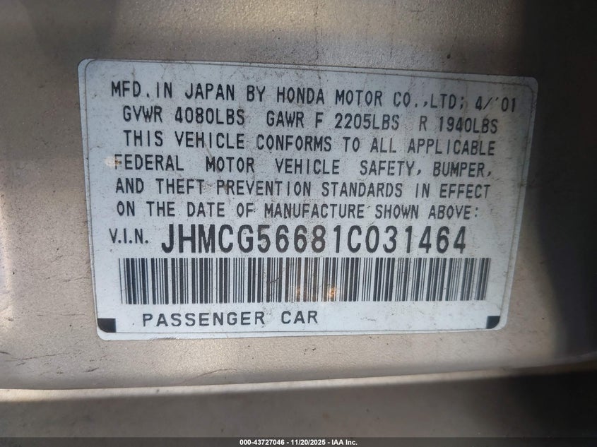 JHMCG56681C031464 2001 HONDA ACCORD photo no. 9