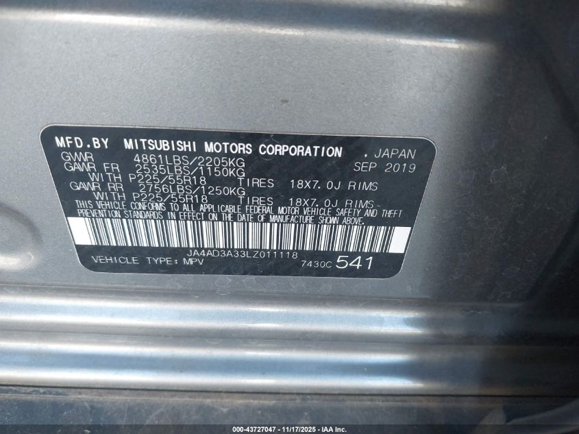 2020 Mitsubishi Outlander Le 2.4/Se 2.4/Sel 2.4/Sp 2.4 VIN: JA4AD3A33LZ011118 Lot: 43727047