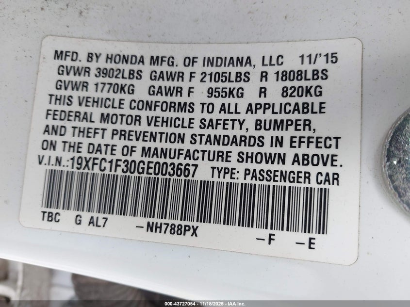 19XFC1F30GE003667 2016 HONDA CIVIC photo no. 9