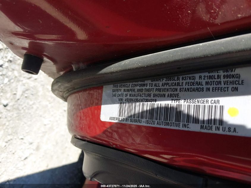 1998 Subaru Legacy L/Right Hand Postal Drive VIN: 4S3BK4354W7304319 Lot: 43727071