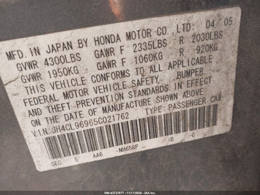 2005 Acura Tsx VIN: JH4CL96965C021762 Lot: 43727077