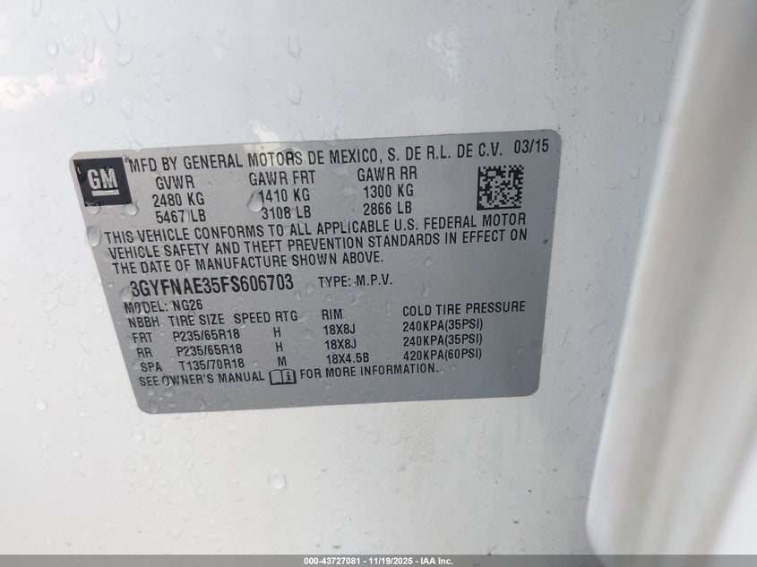 3GYFNAE35FS606703 2015 CADILLAC SRX photo no. 9