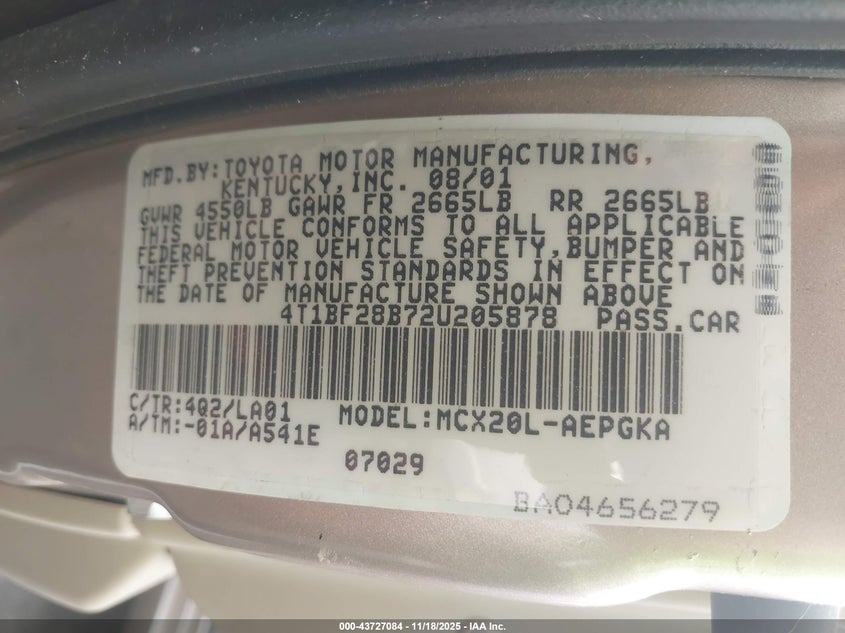 2002 Toyota Avalon Xls VIN: 4T1BF28B72U205878 Lot: 43727084