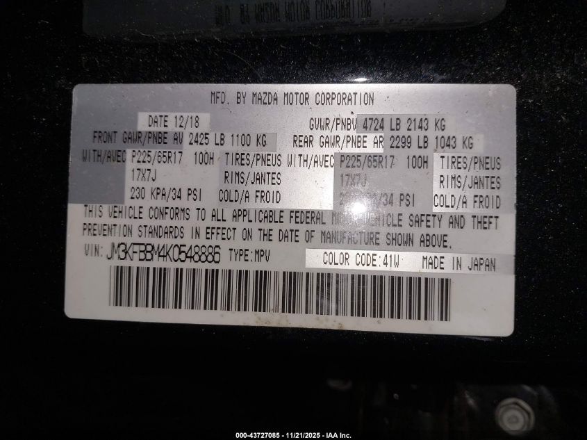 2019 Mazda Cx-5 Sport VIN: JM3KFBBM4K0548886 Lot: 43727085