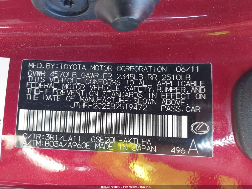 2011 Lexus Is 250C VIN: JTHFF2C25B2519472 Lot: 43727086