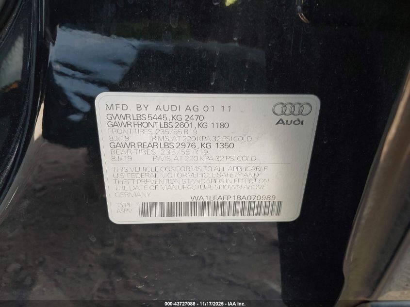 2011 Audi Q5 2.0T Premium VIN: WA1LFAFP1BA070989 Lot: 43727088