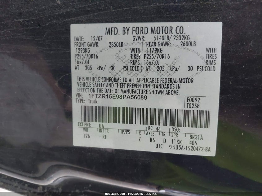 2008 Ford Ranger Fx4 Off-Road/Sport/Xl/Xlt VIN: 1FTZR15E98PA56089 Lot: 43727090
