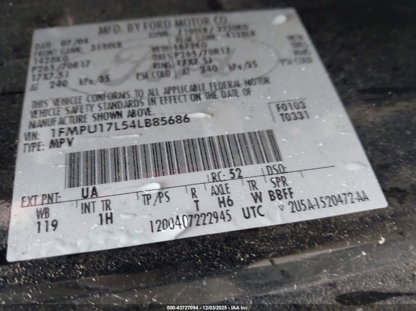 2004 Ford Expedition Eddie Bauer VIN: 1FMPU17L54LB85686 Lot: 43727094