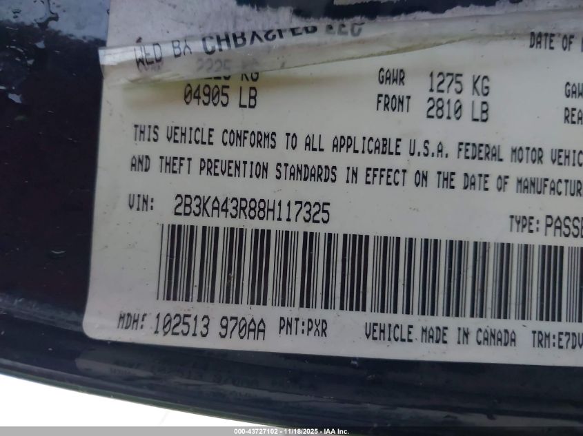 2008 Dodge Charger VIN: 2B3KA43R88H117325 Lot: 43727102