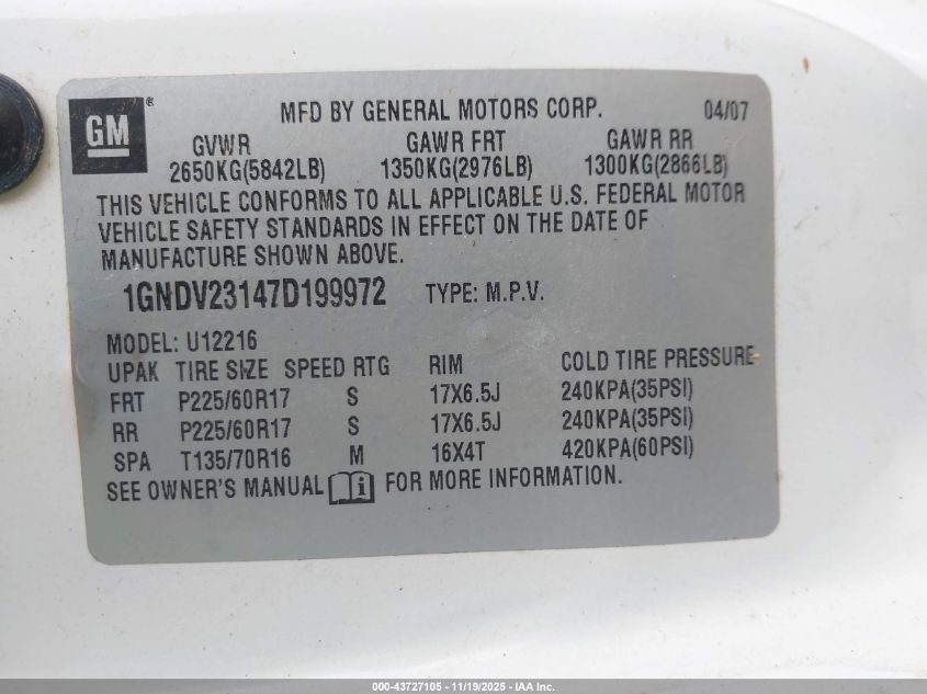 2007 Chevrolet Uplander Ls VIN: 1GNDV23147D199972 Lot: 43727105