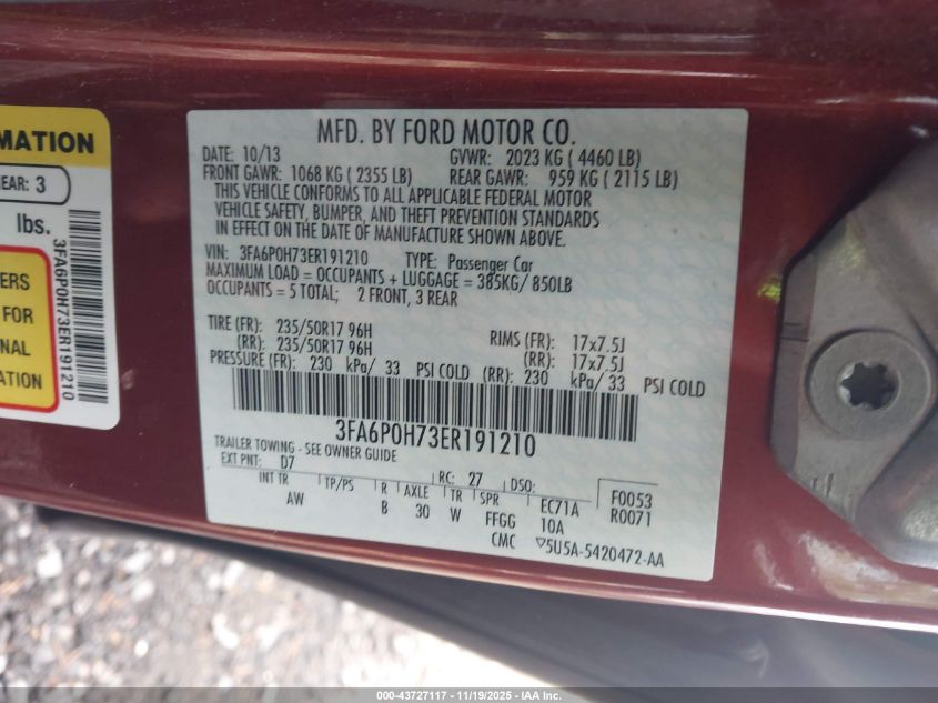 2014 Ford Fusion Se VIN: 3FA6P0H73ER191210 Lot: 43727117