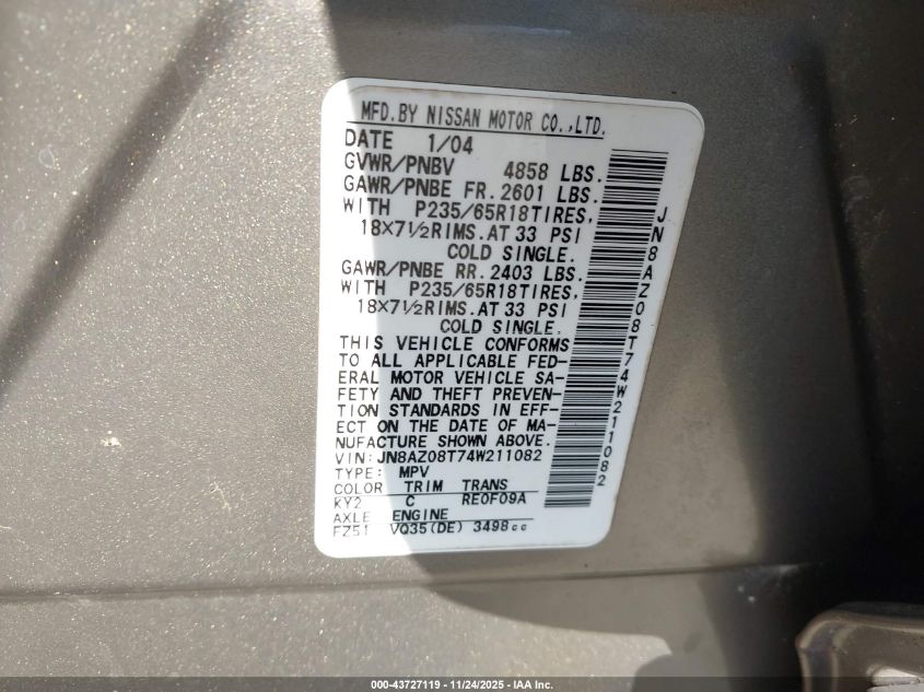 2004 Nissan Murano Sl VIN: JN8AZ08T74W211082 Lot: 43727119