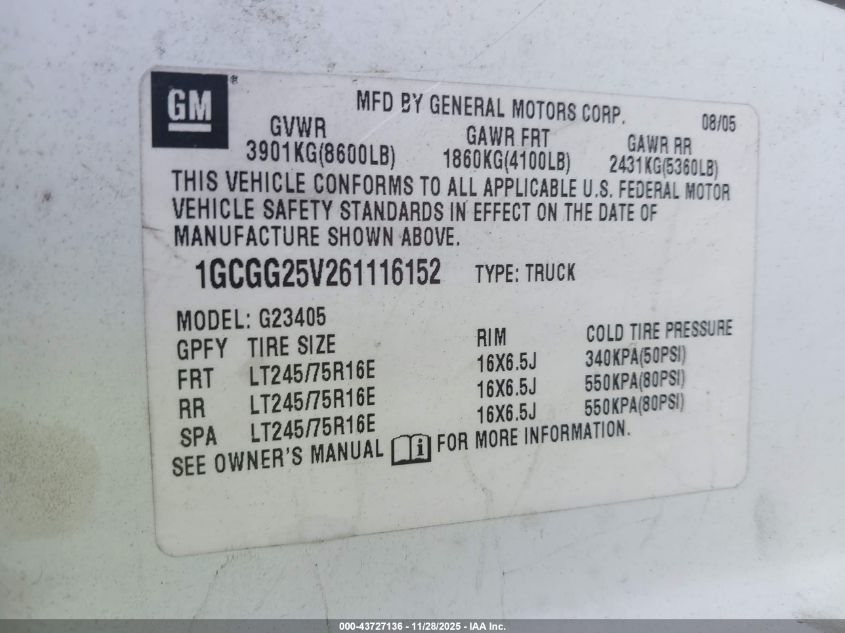 2006 Chevrolet Express Work Van VIN: 1GCGG25V261116152 Lot: 43727136