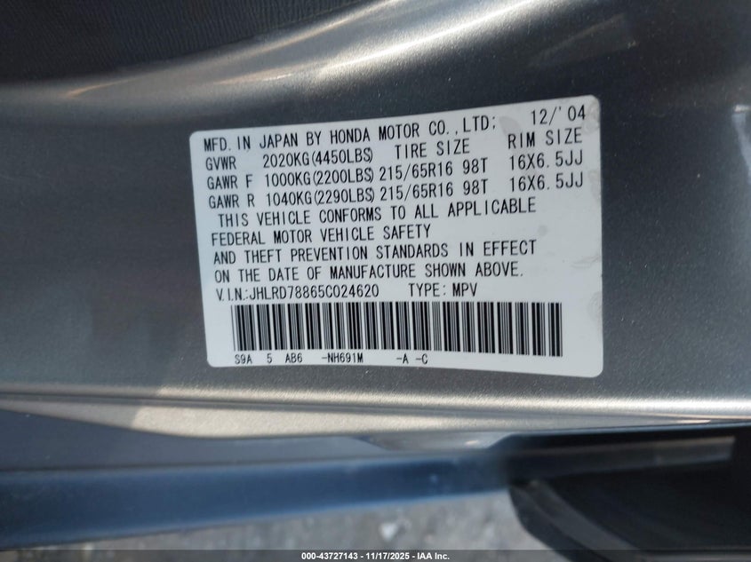 2005 Honda Cr-V Ex VIN: JHLRD78865C024620 Lot: 43727143