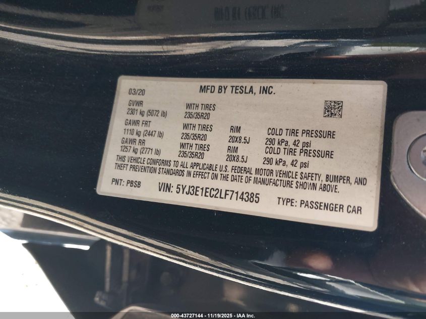 2020 Tesla Model 3 Performance Dual Motor All-Wheel Drive VIN: 5YJ3E1EC2LF714385 Lot: 43727144