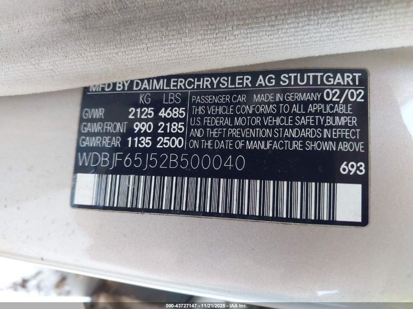 2002 Mercedes-Benz E 320 Special Edition VIN: WDBJF65J52B500040 Lot: 43727147