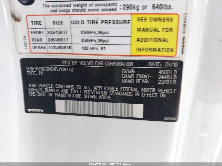 2011 Volvo C70 T5 VIN: YV1672MC4BJ109770 Lot: 43727148