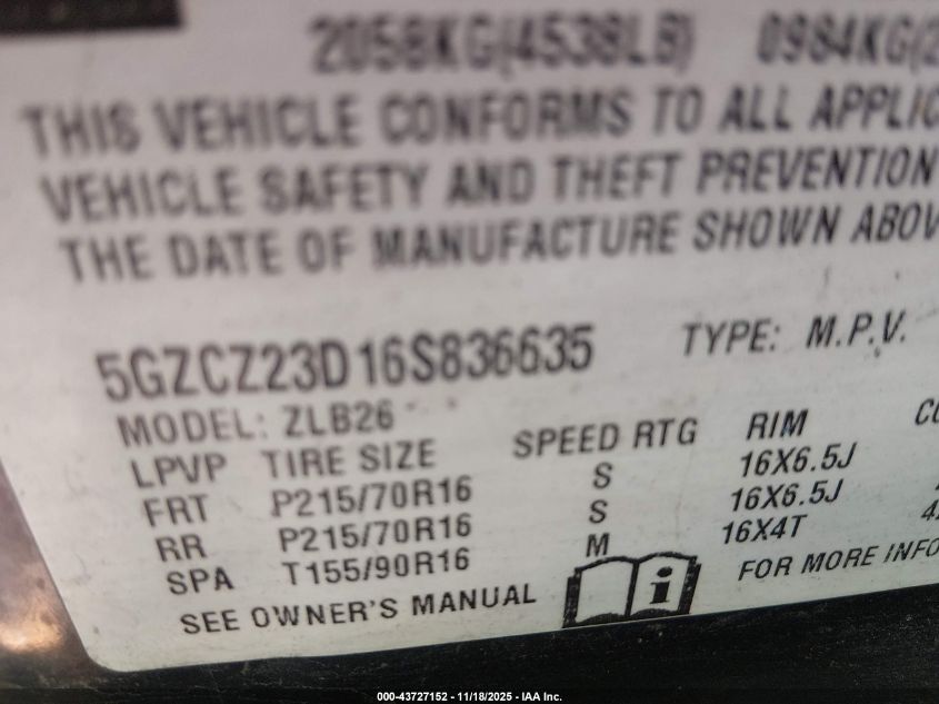 2006 Saturn Vue 4 Cyl VIN: 5GZCZ23D16S836635 Lot: 43727152