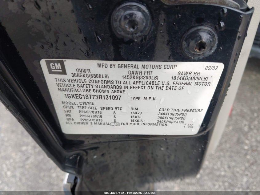 2003 GMC Yukon Slt VIN: 1GKEC13T73R131097 Lot: 43727162