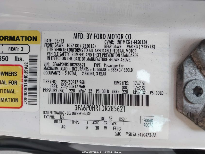 2013 Ford Fusion Se VIN: 3FA6P0HR1DR285621 Lot: 43727165