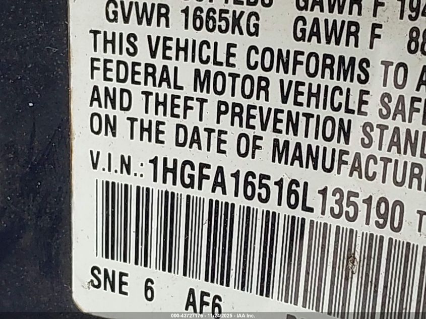 2006 Honda Civic Lx VIN: 1HGFA16516L135190 Lot: 43727176