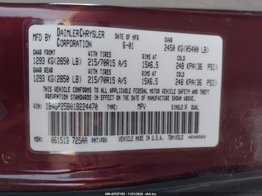 2001 Dodge Caravan Se VIN: 1B4GP25B01B224470 Lot: 43727182