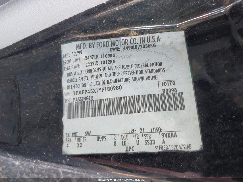 2000 Ford Mustang Gt VIN: 1FAFP45X1YF180980 Lot: 43727188