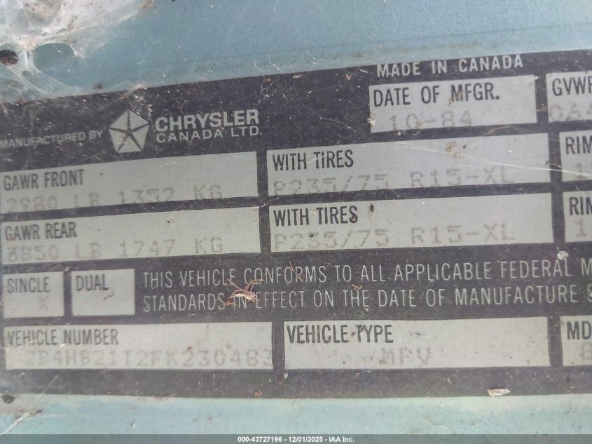 1985 Dodge Ram Wagon B250 VIN: 2B4HB21T2FK230483 Lot: 43727196