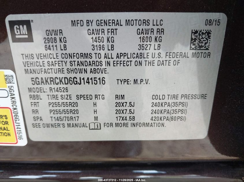 2016 Buick Enclave Premium VIN: 5GAKRCKD6GJ141516 Lot: 43727212