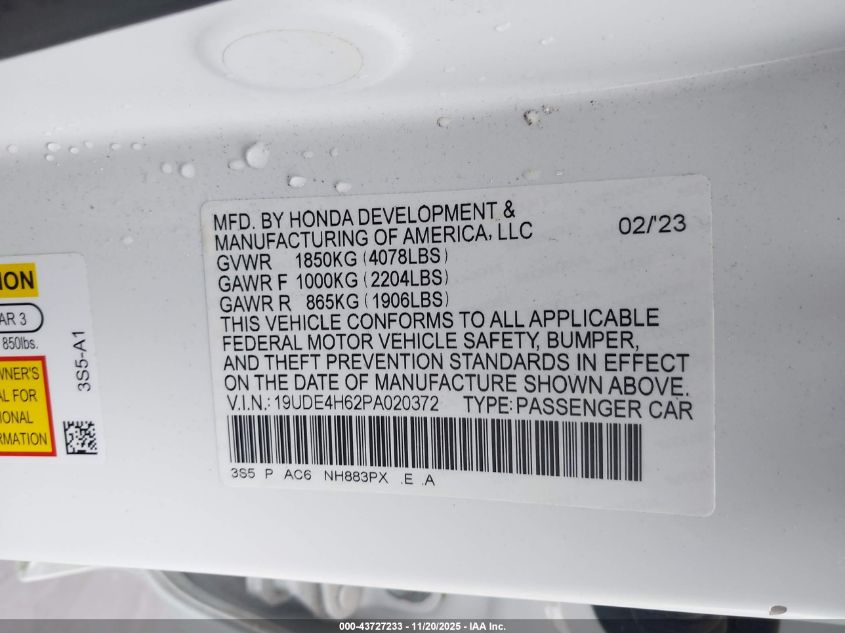 2023 Acura Integra A-Spec Technology VIN: 19UDE4H62PA020372 Lot: 43727233