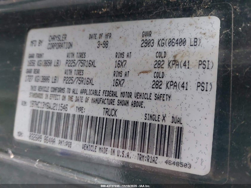 1998 Dodge Ram 1500 St VIN: 1B7HC13Y6WJ211546 Lot: 43727235