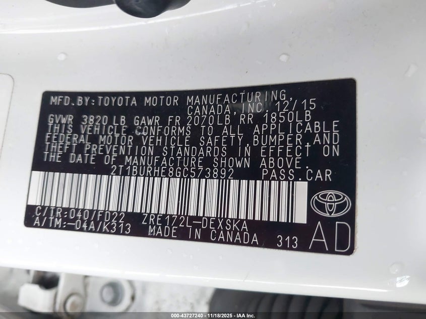 2T1BURHE8GC573892 2016 TOYOTA COROLLA photo no. 9