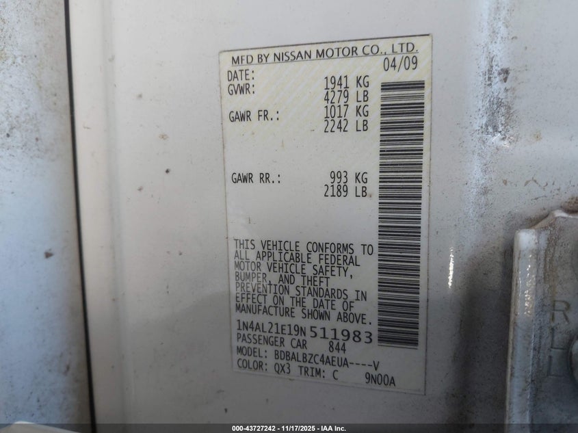1N4AL21E19N511983 2009 NISSAN ALTIMA photo no. 9