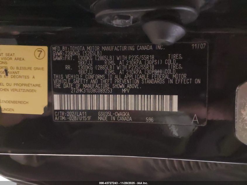 2008 Lexus Rx 350 VIN: 2T2HK31U38C089253 Lot: 43727243