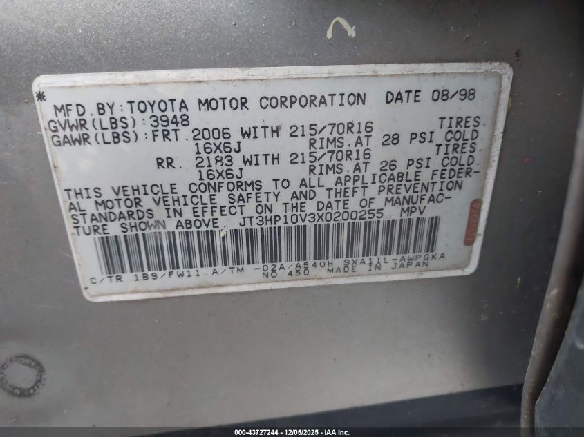 1999 Toyota Rav4 VIN: JT3HP10V3X0200255 Lot: 43727244