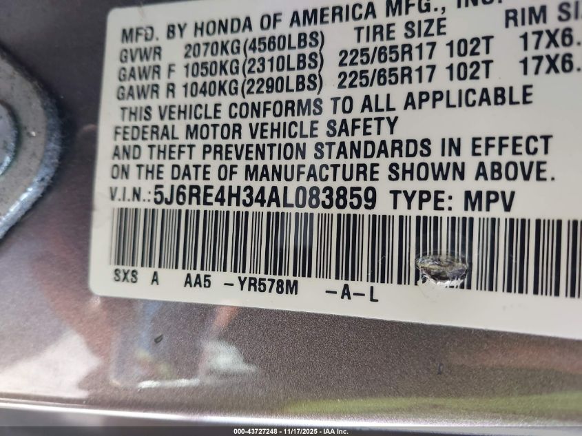 2010 Honda Cr-V Lx VIN: 5J6RE4H34AL083859 Lot: 43727248