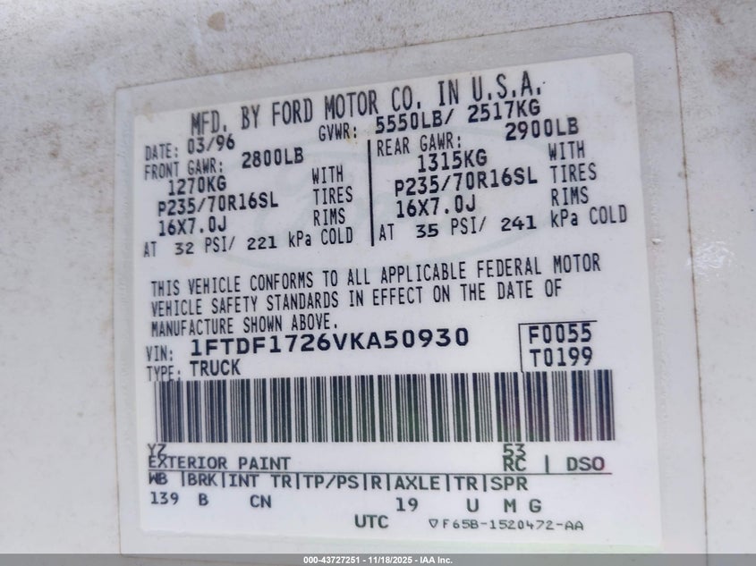 1997 Ford F150 VIN: 1FTDF1726VKA50930 Lot: 43727251