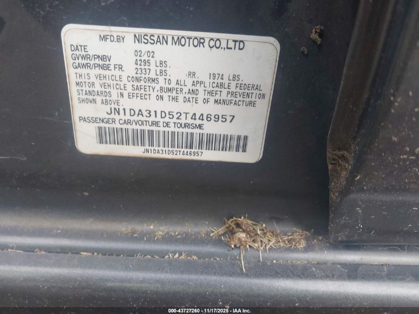 2002 Nissan Maxima Se VIN: JN1DA31D52T446957 Lot: 43727260